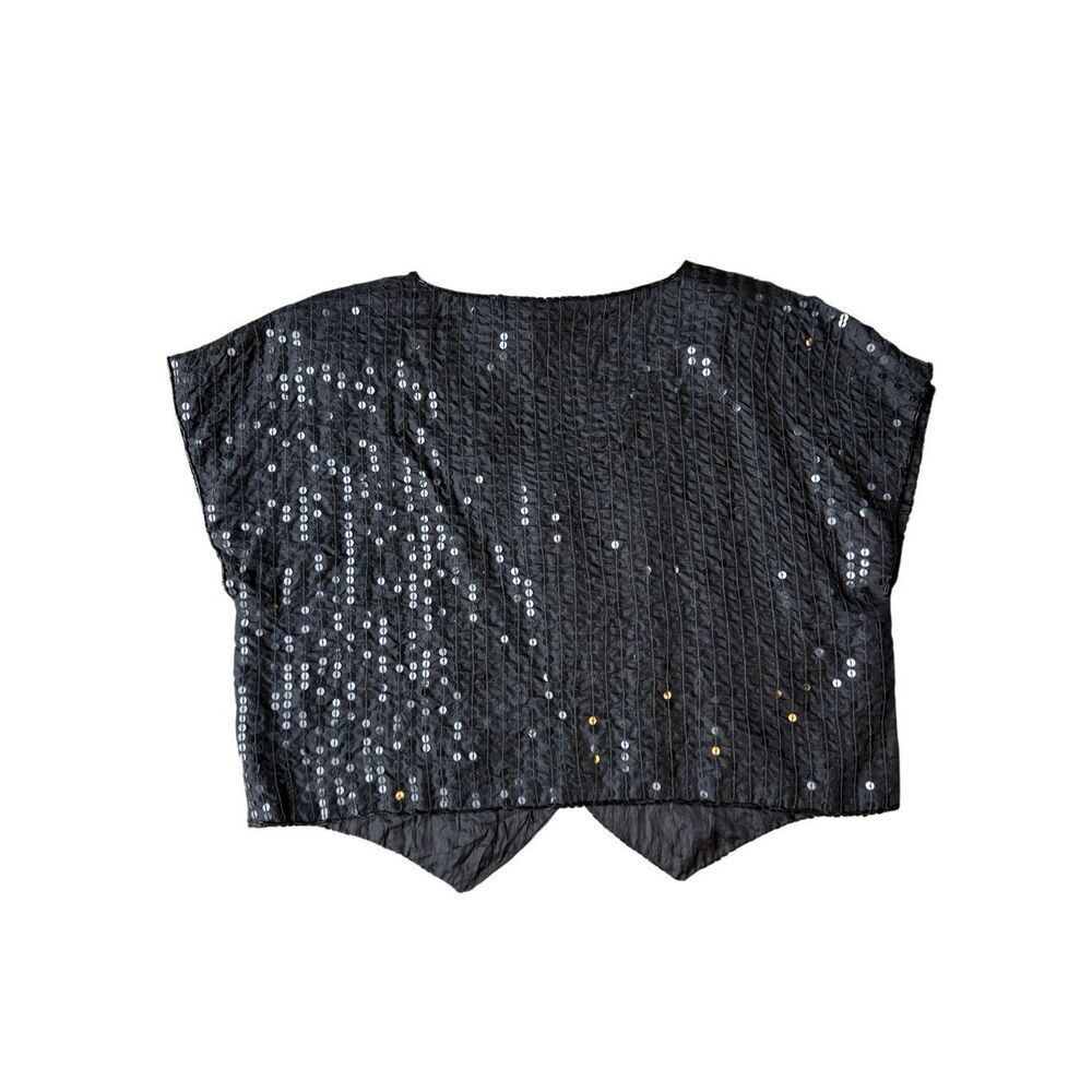 Vintage 80’s TINA Black Silk Sequined Open Front Top Size M - Picture 5 of 8
